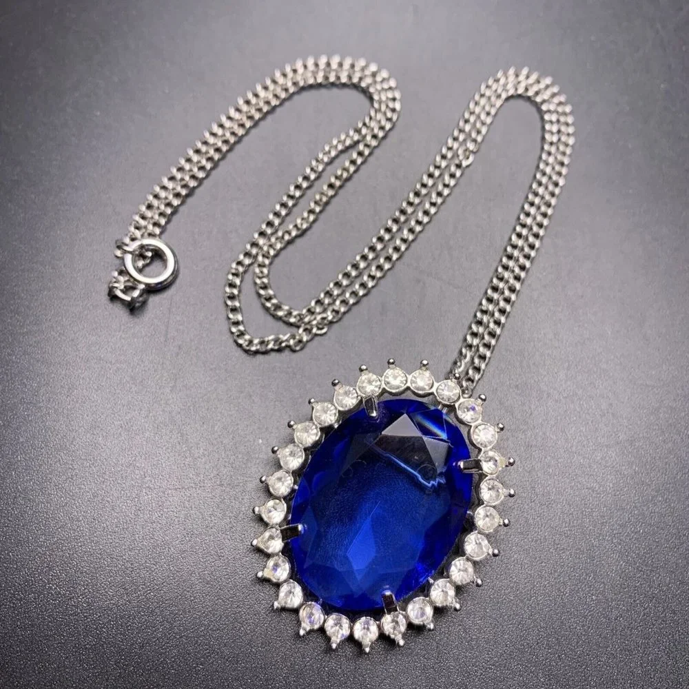 Faux Sapphire Pendant Necklace or Brooch Glass Oval Silver Tone Glam Vintage
